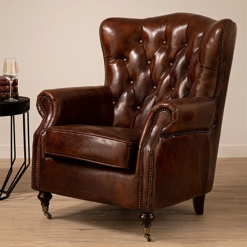 Quito Brown Leather Scroll Armchair - GLAL UK