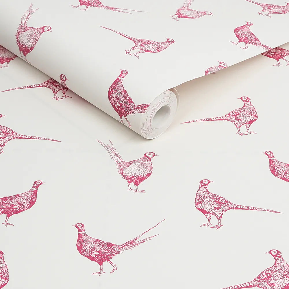 Joules Flirty Pheasants Truly Pink Wallpaper - GLAL UK