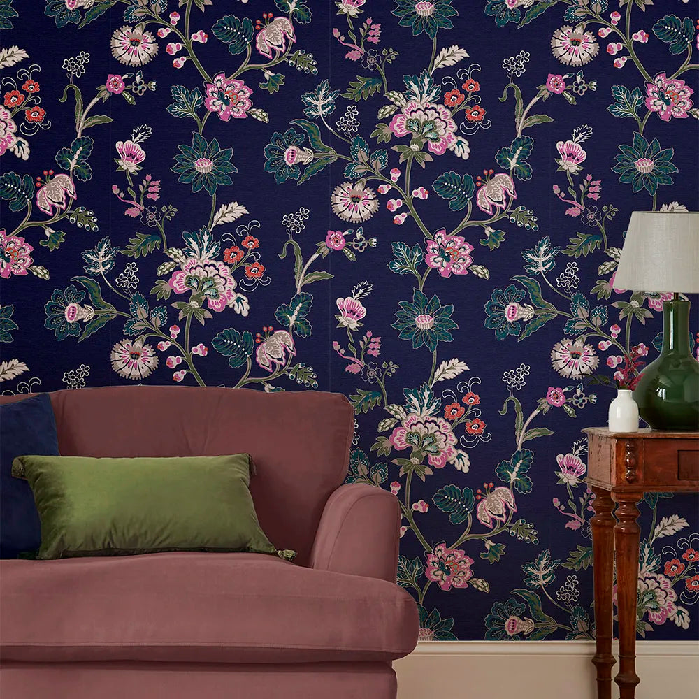 Joules Vine Cottage Floral Royal Navy Wallpaper - GLAL UK