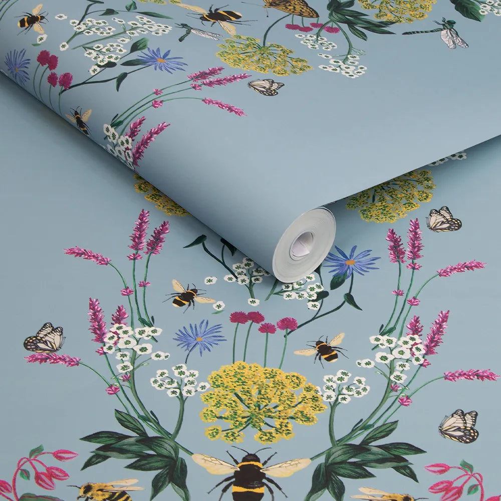 Joules Perfect Pollinators Haze Blue Wallpaper - GLAL UK
